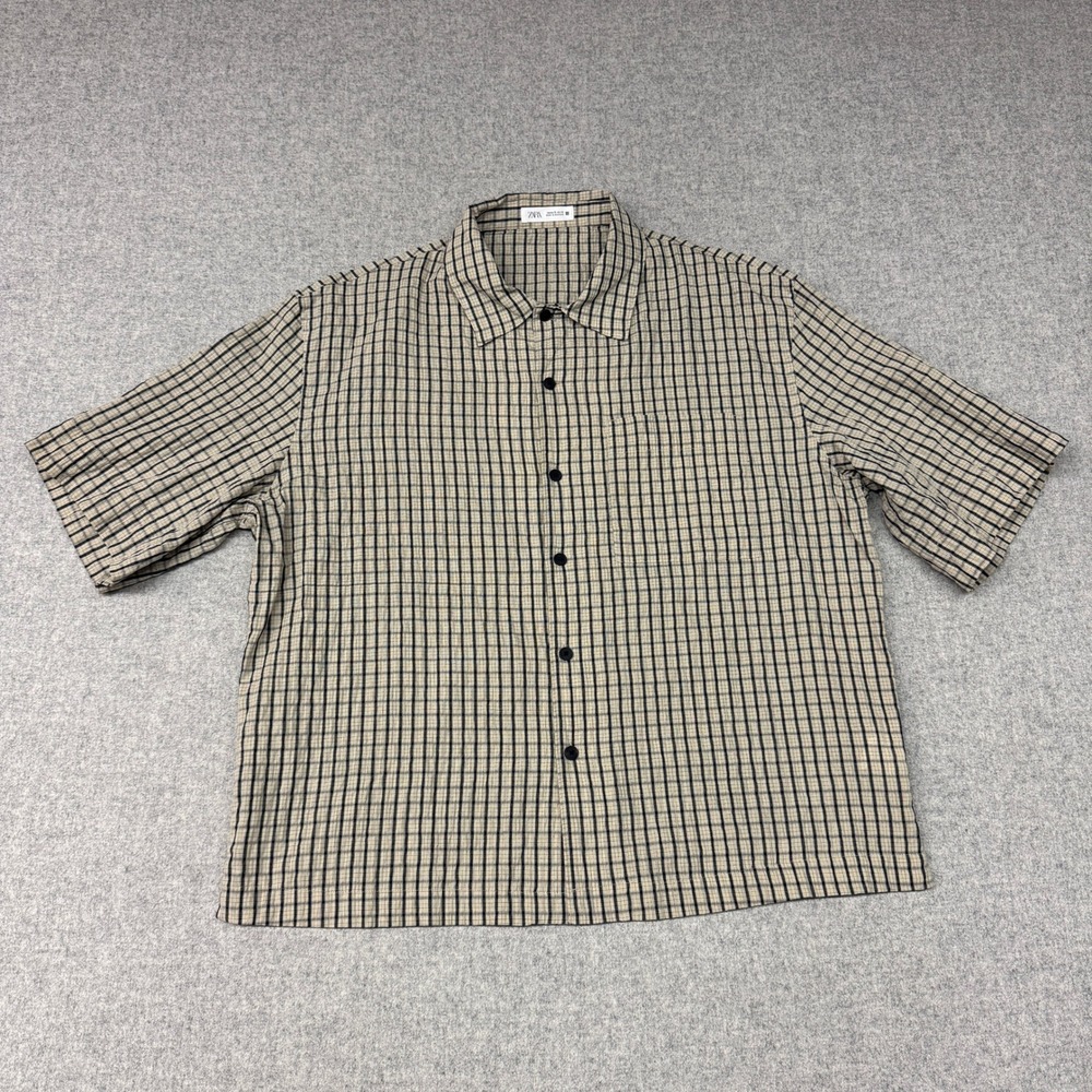 Zara Short Sleeve Button Down Shirt XL Tan Black Plaid Textured Cotton 1501